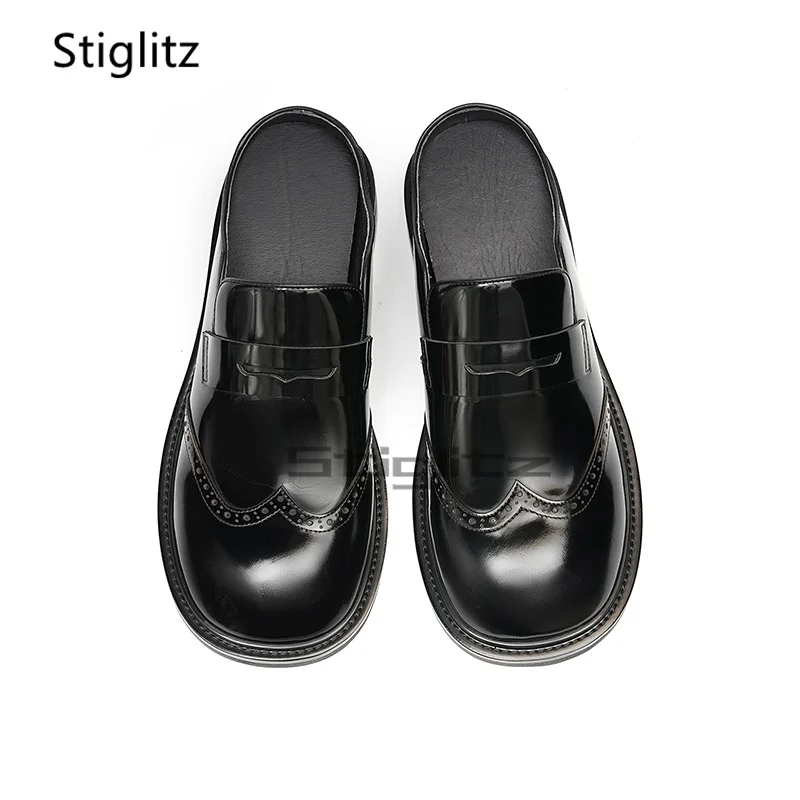 Brogue koeienhuid halve slippers voor heren Britse stijl zakelijk casual stijlvolle slip op ronde neus zomer lederen muilezels schoenen