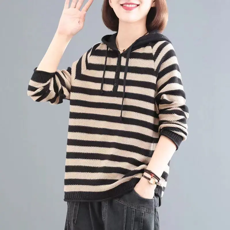 Striped Hooded Autumn Women's 2024 New Patchwork Button Drawstring Fashion Loose Minimalist Casual Long Sleeved Knitted Tops