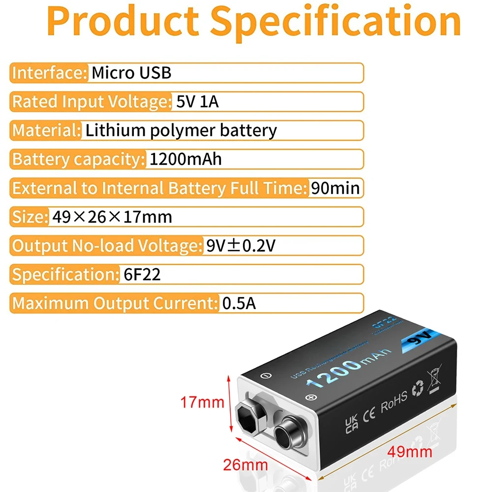 9v Rechargeable Battery Large Capacity 1200mah 6f22 Miniature Battery With Usb Cable Suitable For Metal Detector Microphone