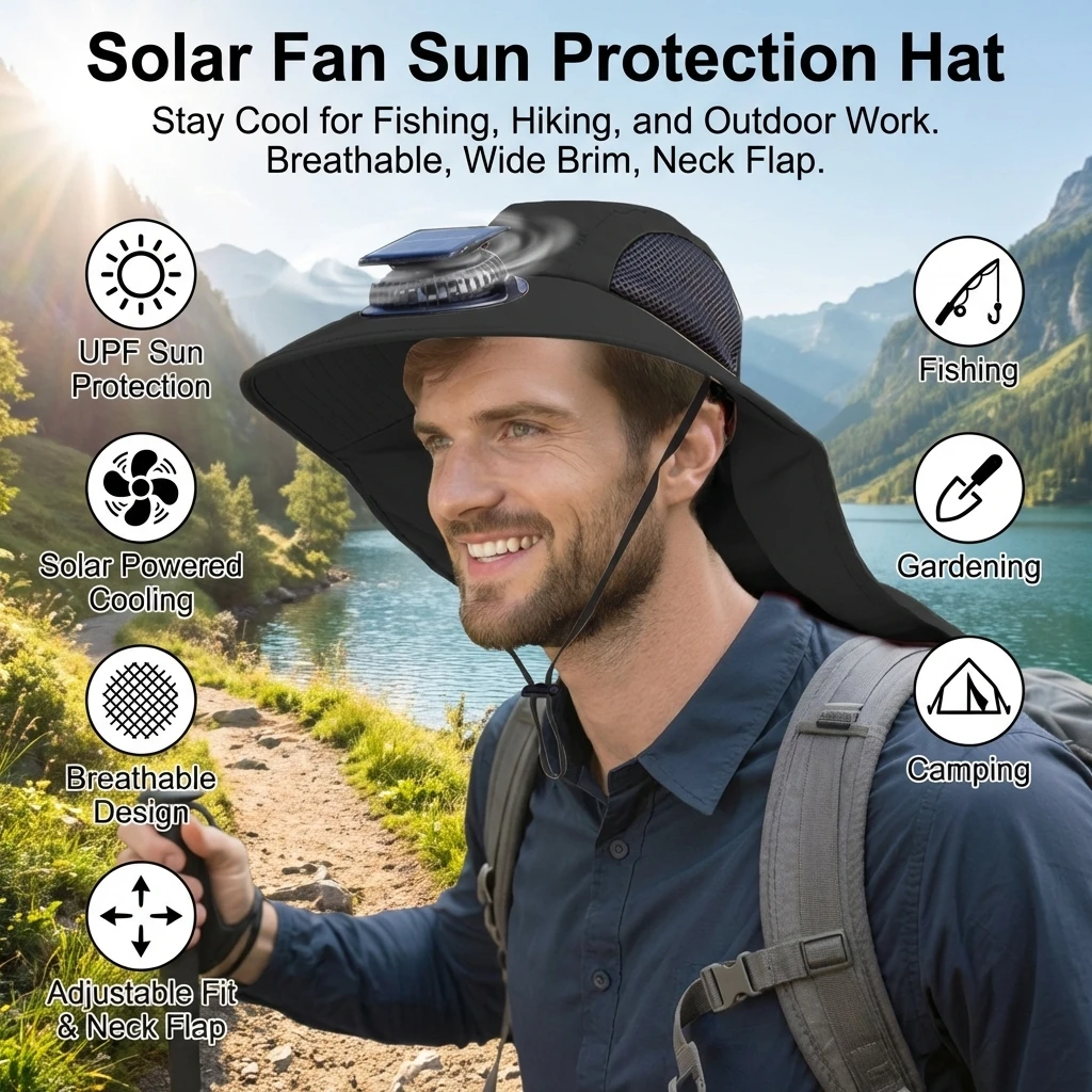 

Solar Powered Fan Fishing Cap Men's Summer Outdoor Cooling Fisherman Cap Outdoor UV Protect Sunshade Hat Camping Headwears