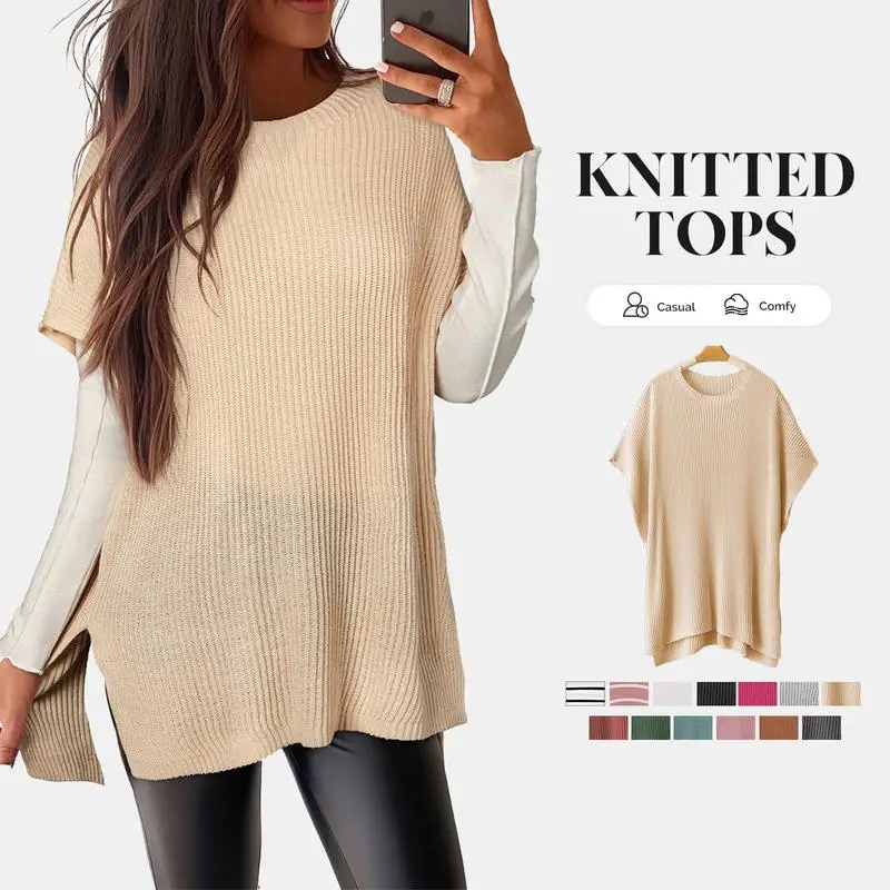 سترة نسائية متماسكة لخريف 2025 برقبة دائرية وأكمام قصيرة مع فتحة جانبية قطعة أنيقة أساسية ناعمة