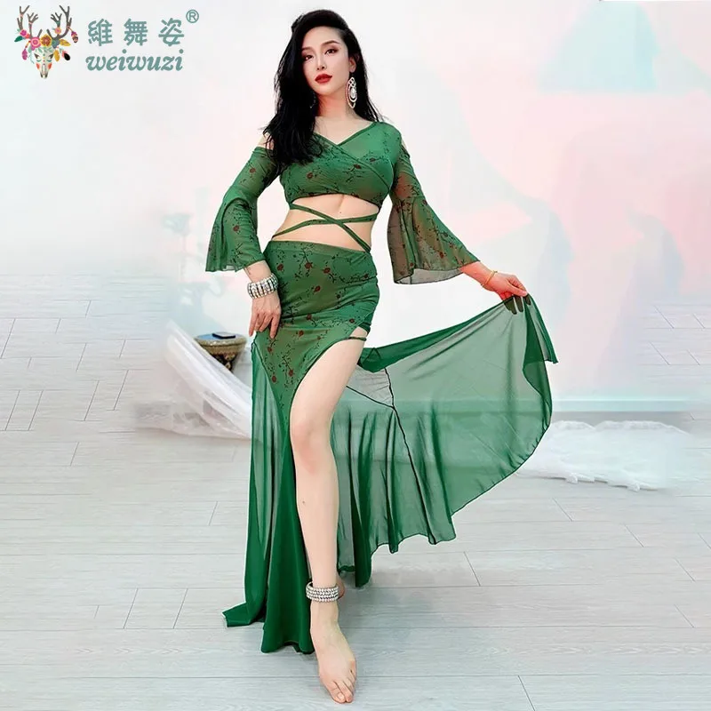 زي الرقص الشرقي، مجموعة تنورة ذيل السمكة مزينة بالورد العتيق مع أكمام بوق شبكية، ملابس ممارسة الرقص الشرقي الشرقي