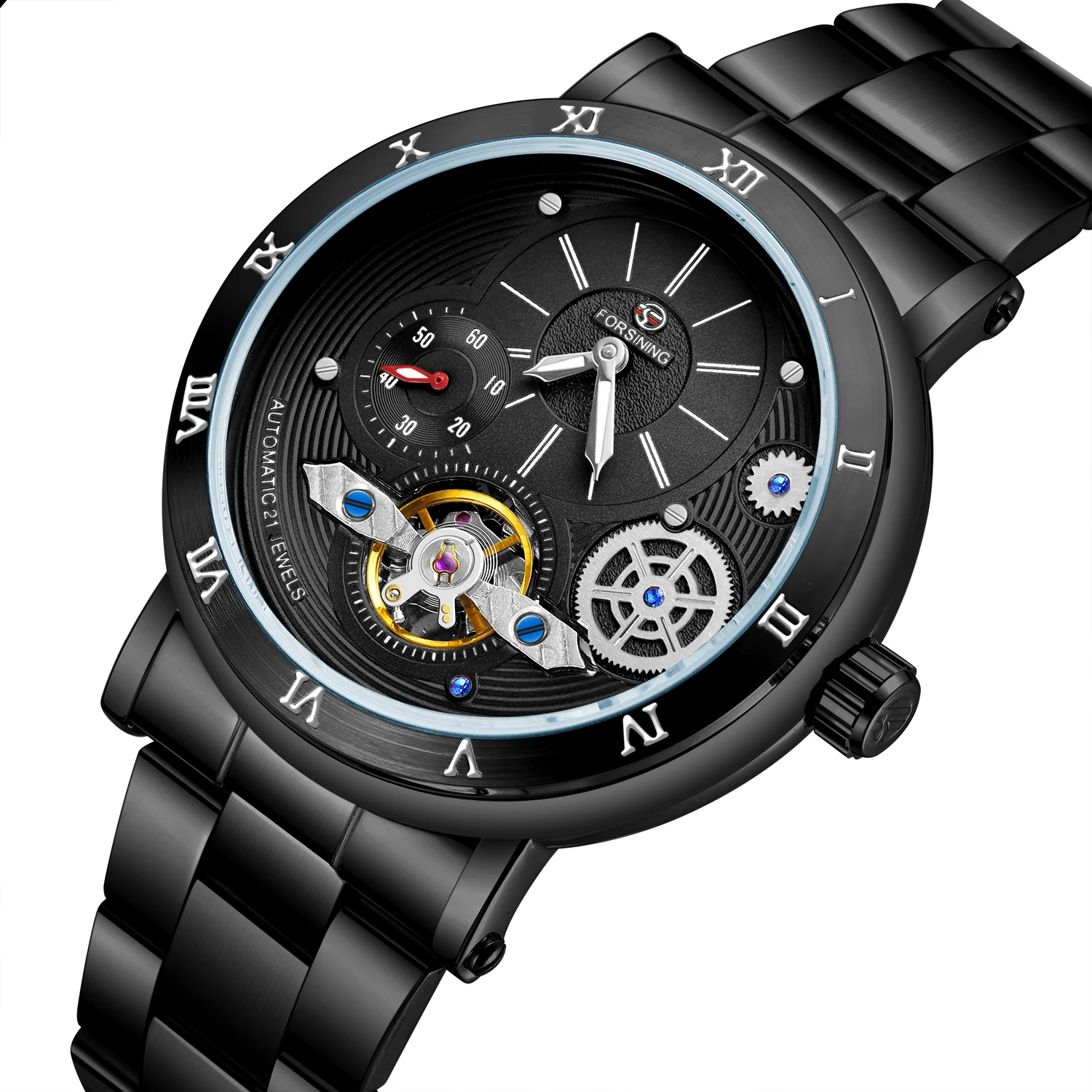 

FORSINING Classic Black Case Small Needle Dial Skeleton Mechanical Watch Stainless Steel Strap Waterproof Men's Wristwatches