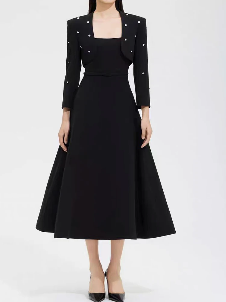 高級感のある秋の新作レディースドレス、ラインストーン付きスリムジャケットトップ+大きなAラインサスペンダードレス、上品なツーピーススーツ