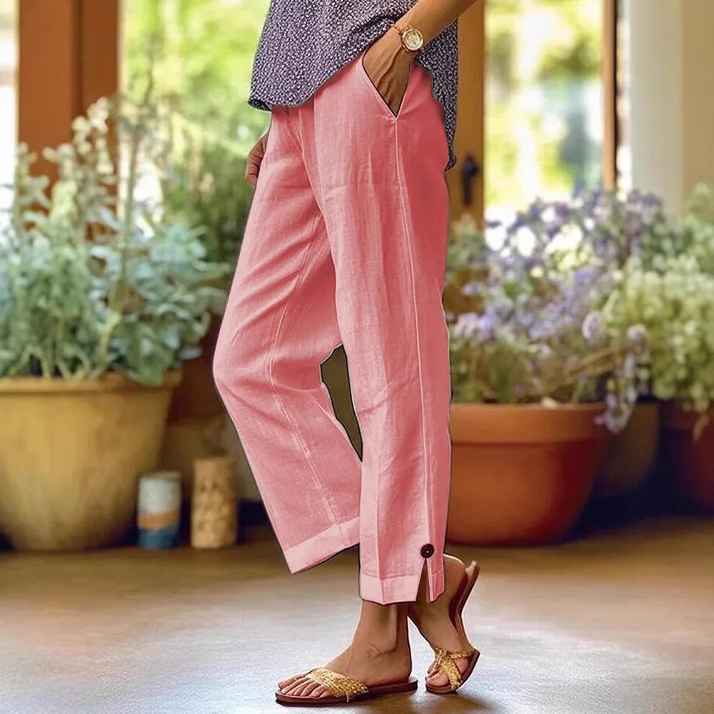 

2025 Women's Cotton and Linen Loose Solid Color Elastic Waist Pocket Straight Casual Pants