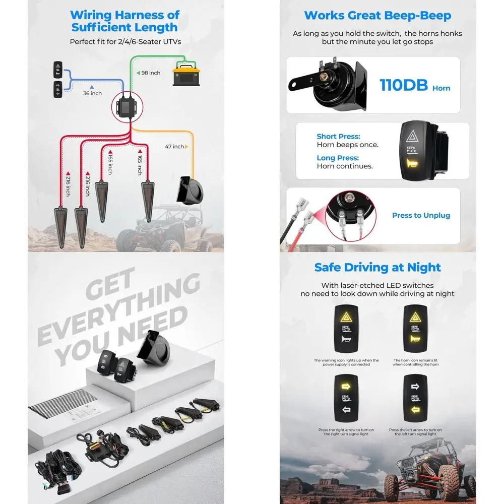 

Комплект указателей поворота UTV с звуковым сигналом 110D, предварительно проводной, поворотником Plug and Play для квадроцикла UTV с кулисным переключателем, треугольным универсальным уличным двигателем