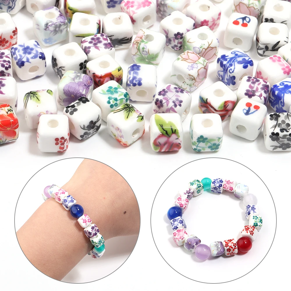 20pcs/lot Square Ceramic Beads Chinese Style Porcelain Printed Spacer Beads For DIY Jewelry Making Bracelet Necklace Accessories