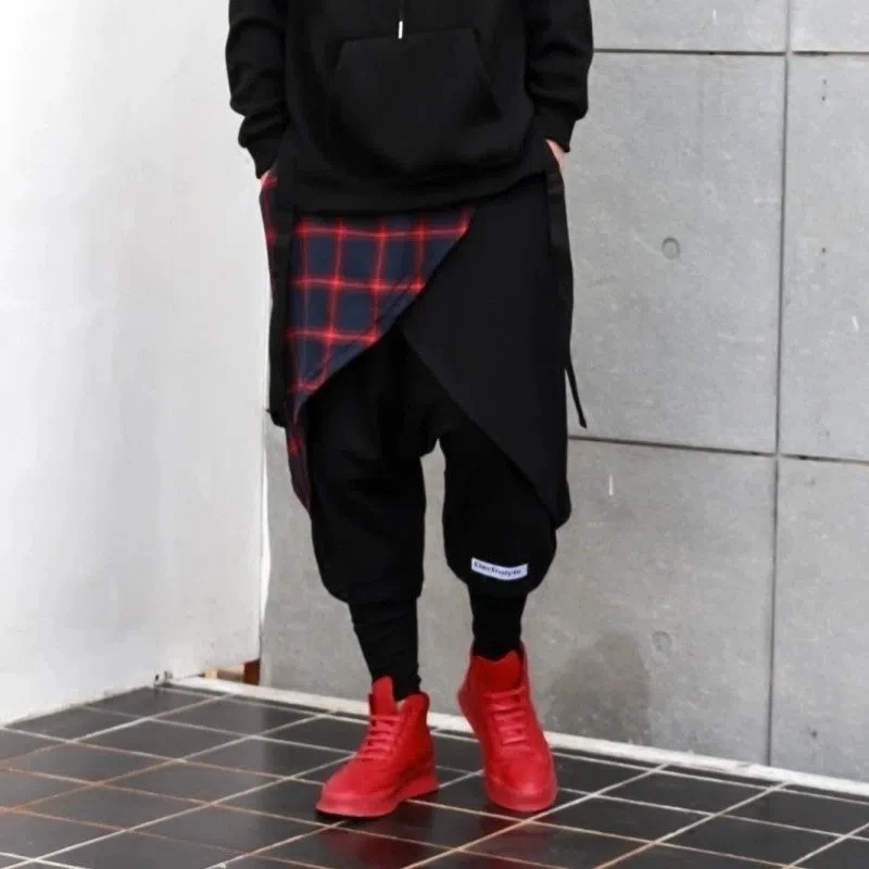 Streetwear Hip Hop Men Scottish Plaid Patchwork Harem Pants British Style homme Jogger baggy Pants Punk Pantskirt Men Clothing