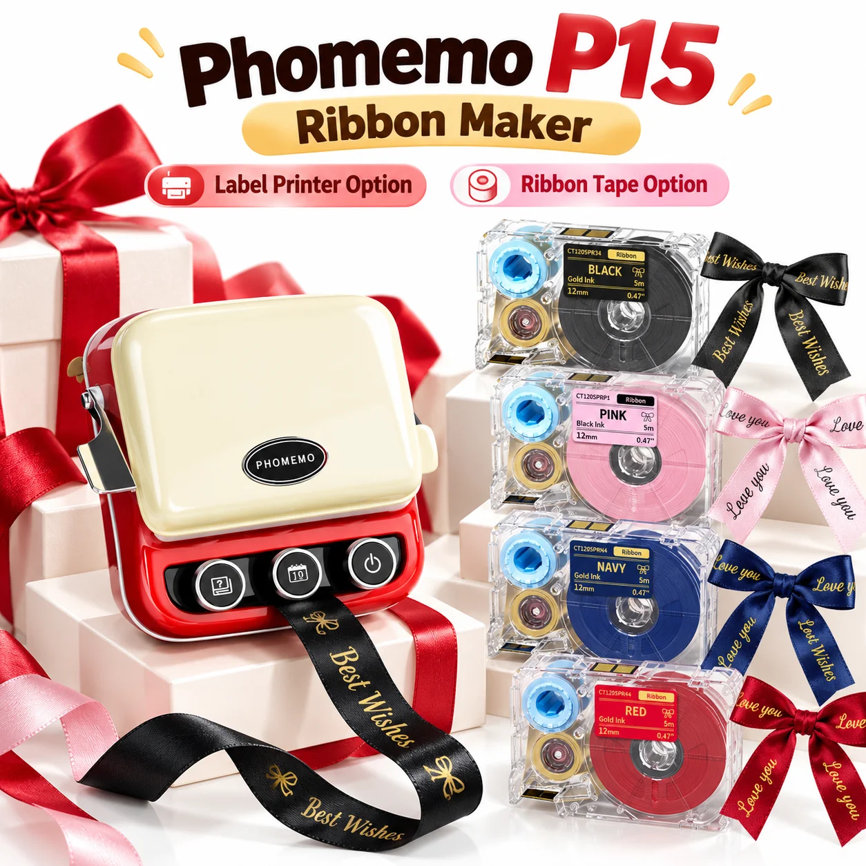 Phomemo Ribbon Label Maker, Portable Bluetooth Printer, Optional Machine Or Satin Ribbon Tapes For Custom Text & Icon, Gift Wrap