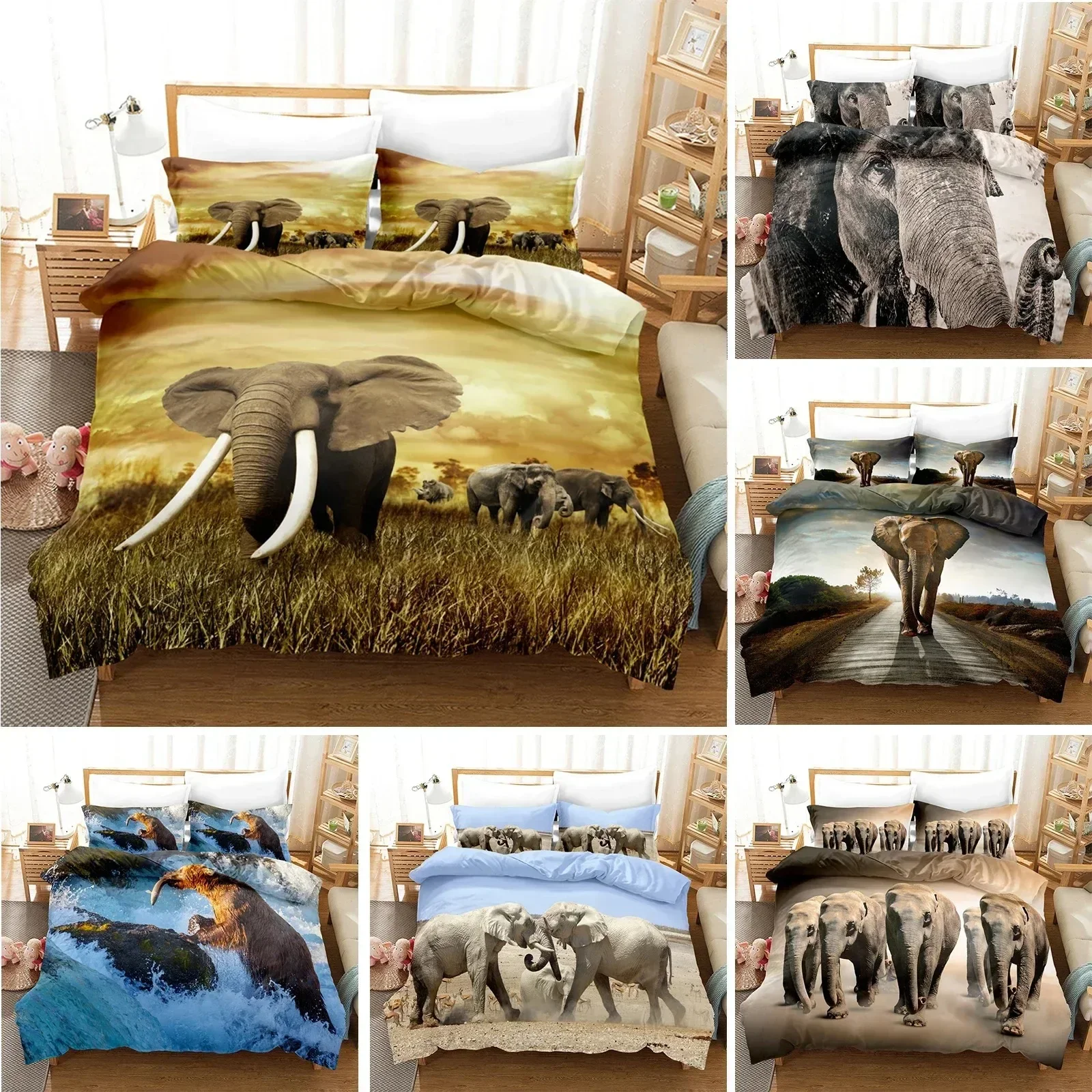 New Elephant Bedding Set Queen Full Duvet Cover Sets Design Elephant Bedspread Black Wildlife Soft Microfiber Quilt Cover