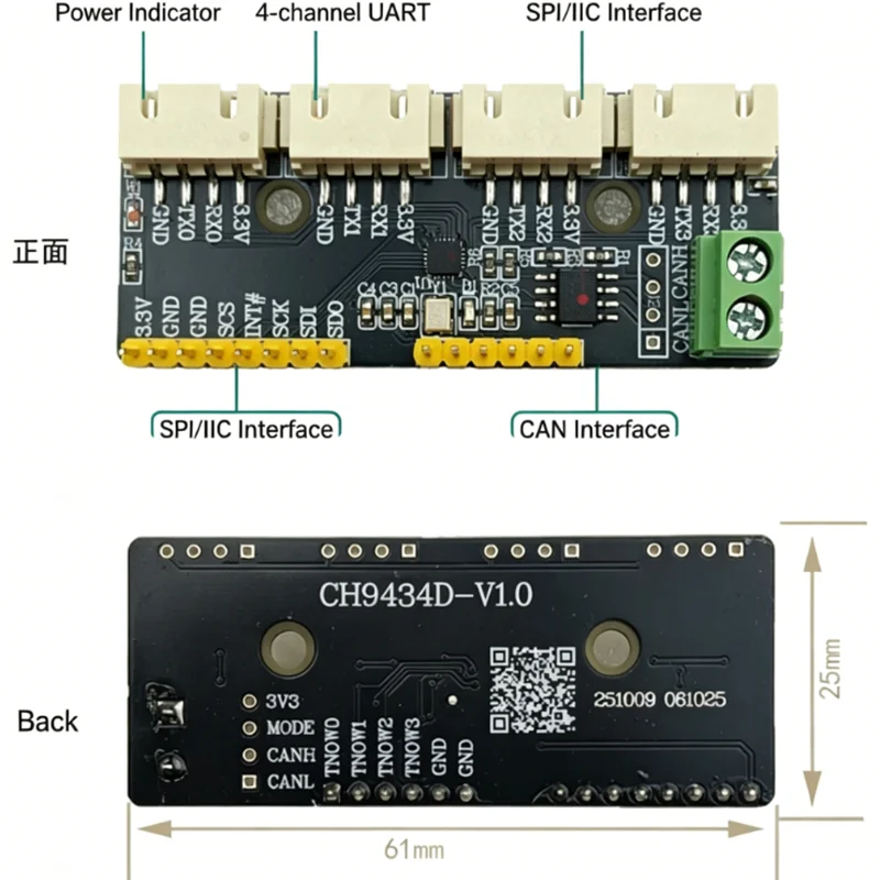1PCS CH9434D Expansion Module SPI I2C to 4 Channels TTL UART Serial Port CAN Bus Industrial Multi-Serial Converter Board