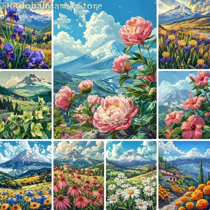 Diamond Painting DIY Mount Fuji Wildflower Landscape Diamond Painting Bright Floral Mountain Mosaic Handmade Art Creative Gift