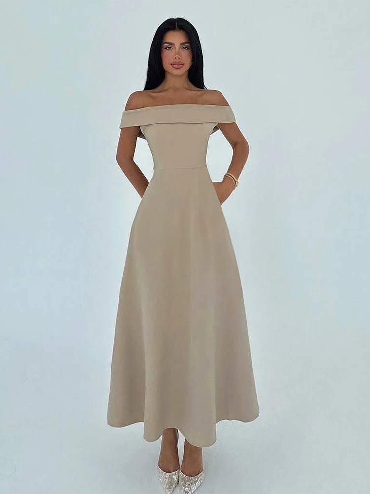Kliou clásico A-line vestido largo drapeado Simple sólido fuera del hombro espalda descubierta ceñido al cuerpo mujer verano básico Hipster Vestidos de calle