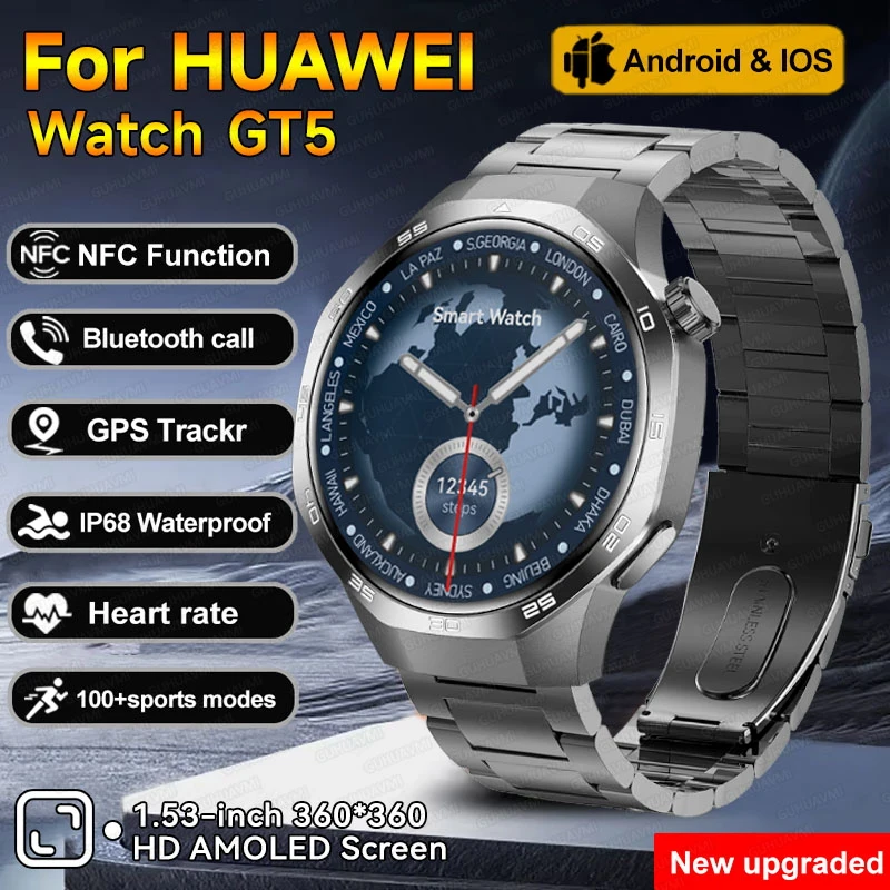 

New For HUAWEI Watch GT5 GPS NFC Smart Watch Men 1.53"AMOLED Screen Compass Bluetooth call Sports Waterproof Smart Bracelet 2024