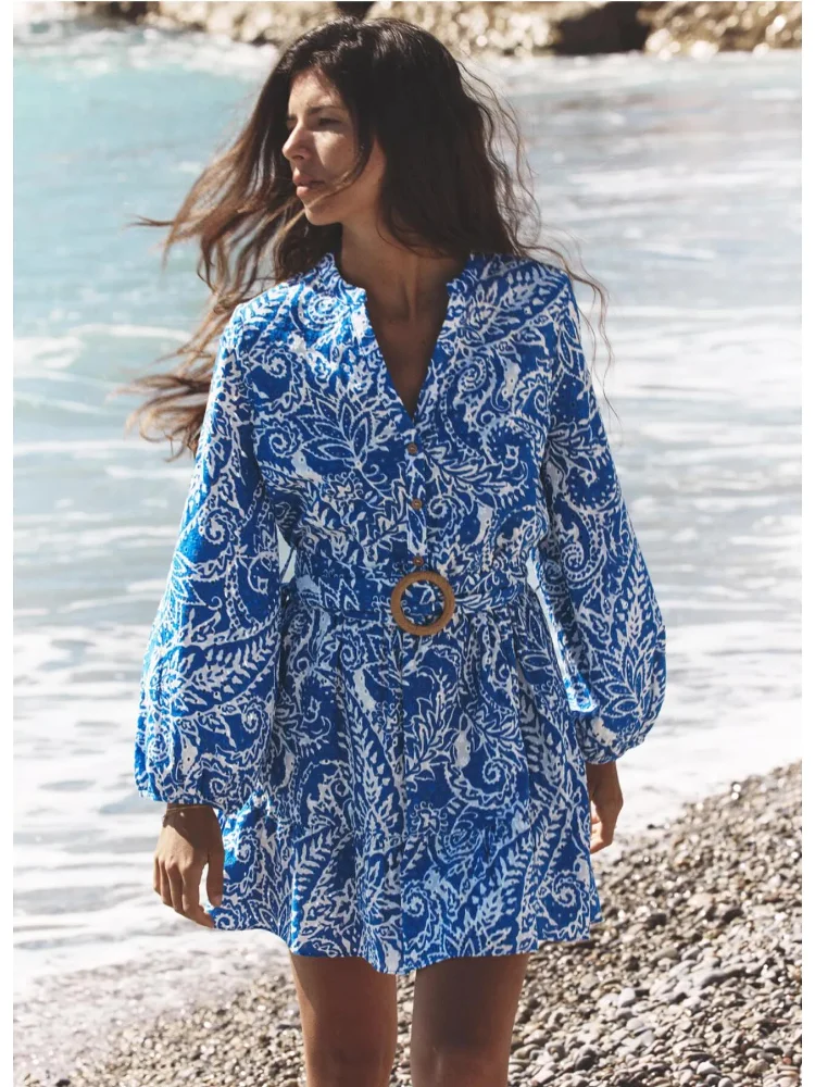 

Women Blue Printing Mini Dress Elegant V Neck Full Sleeve Lotus Leaf Edge High Waist Single Breasted Buckle Robe New Beach Robes