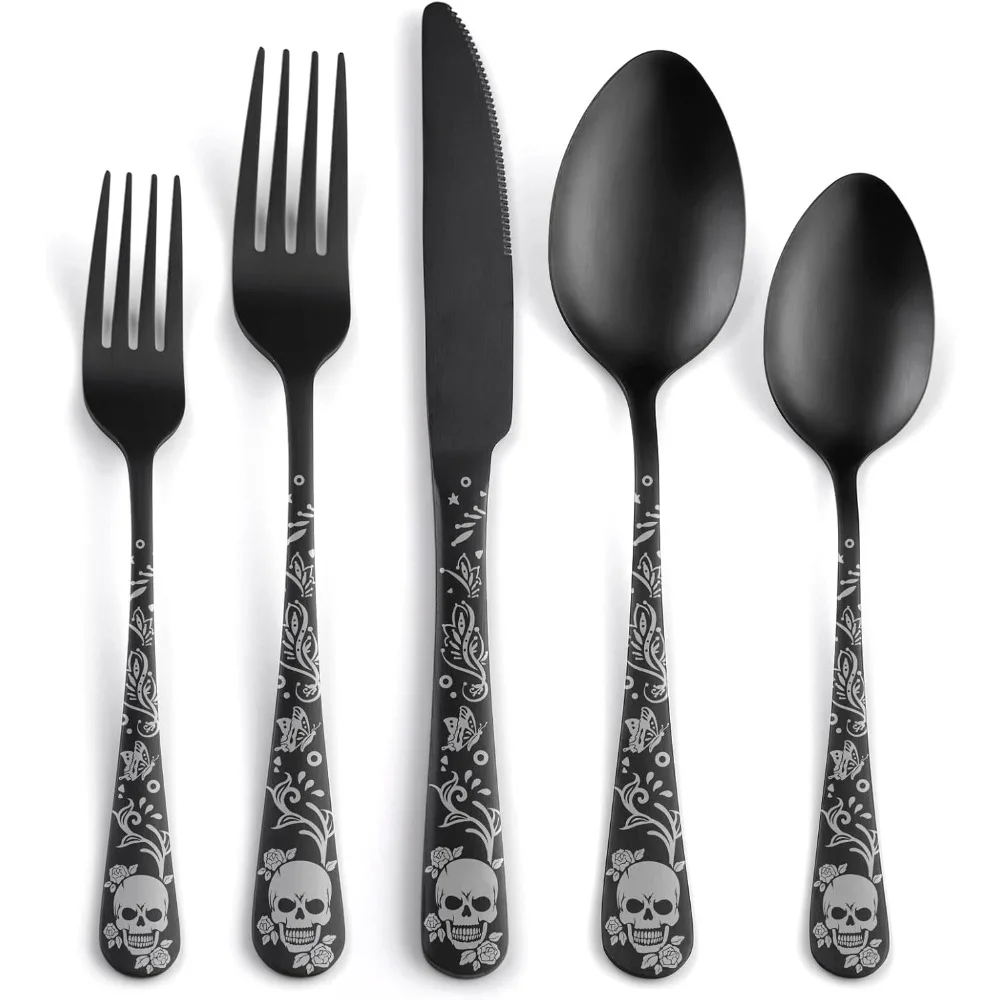 

40 Piece Skull Pattern Matte Silverware Set for 8, Black Flatware set Service for 8,Gothic Unique Skull Pattern Design,18/0 Stai