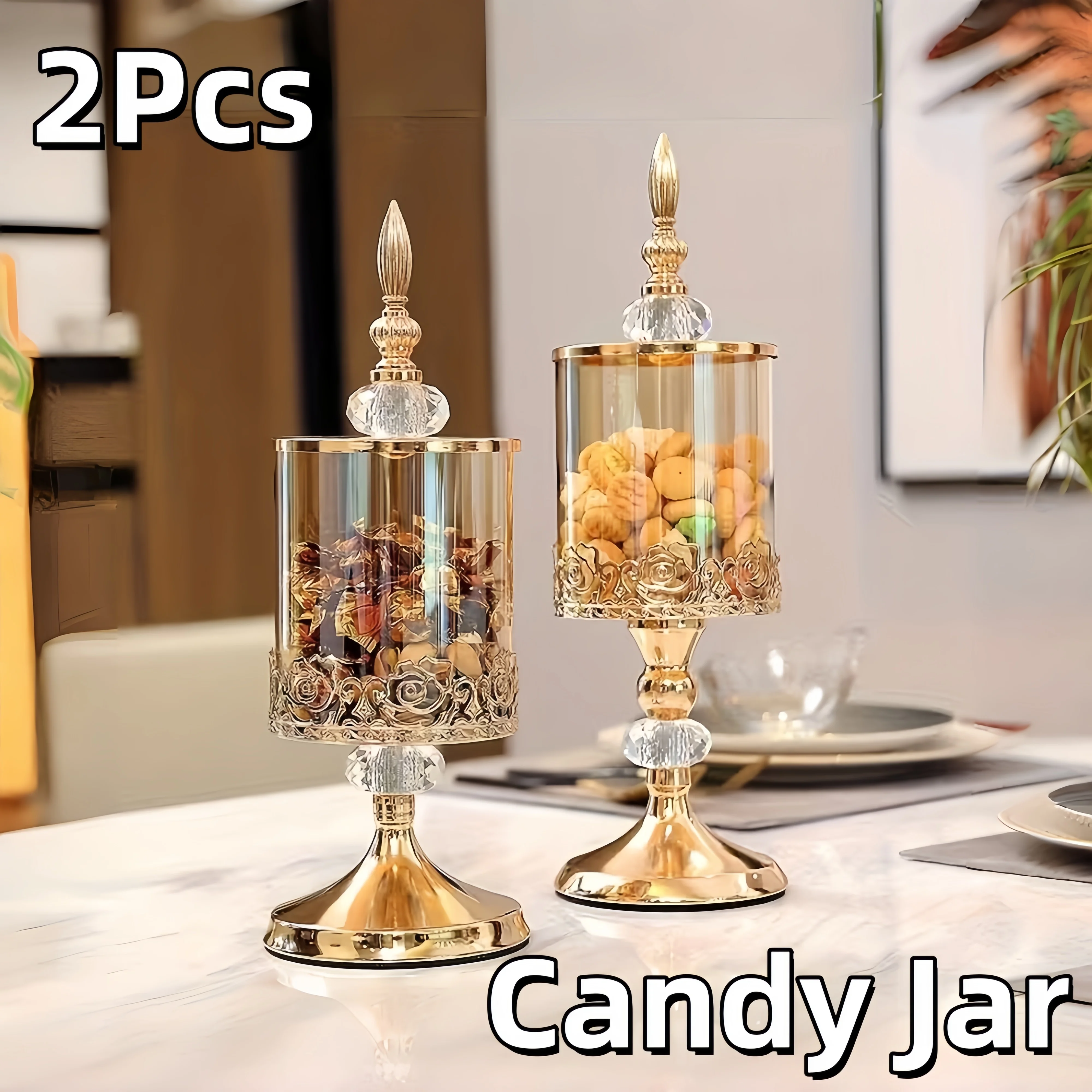 

2pcs Crystal Glass Candy Jar with Lid, Clear Covered Sugar Bowl for Candy Buffet, Decorative Cookie Jar Food Storage Container,