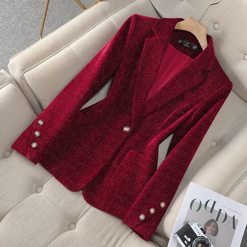 

Fashion Women Blazer Ladies Red Khaki Black Long Sleeve Blazer Female Casual Business Jacket Autumn Velvet Suit Female Outerwear