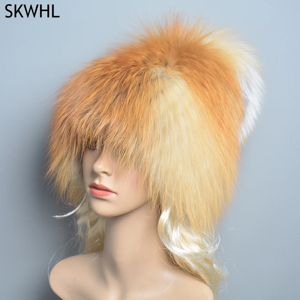 NEW Russian Bomber Caps Women Winter Fur Hat Genuine Fox Fur Hats Knitted Silver Fox Fur Caps Female