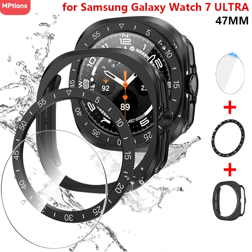 3 in1 for Samsung Galaxy Watch 7 Ultra 47mm Tempered Glass Screen Protector Hard PC Case Bezel Ring Cover for Galaxy Watch Ultra