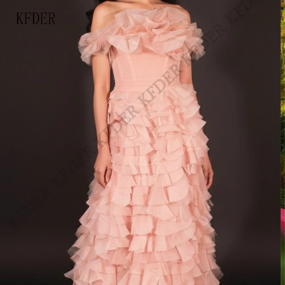 

Modern Evening Dress Pink Off the Shoulder Pleated A Line Tulle Tiered Prom Dresses for Women Ruched Long Custom Formal Gown