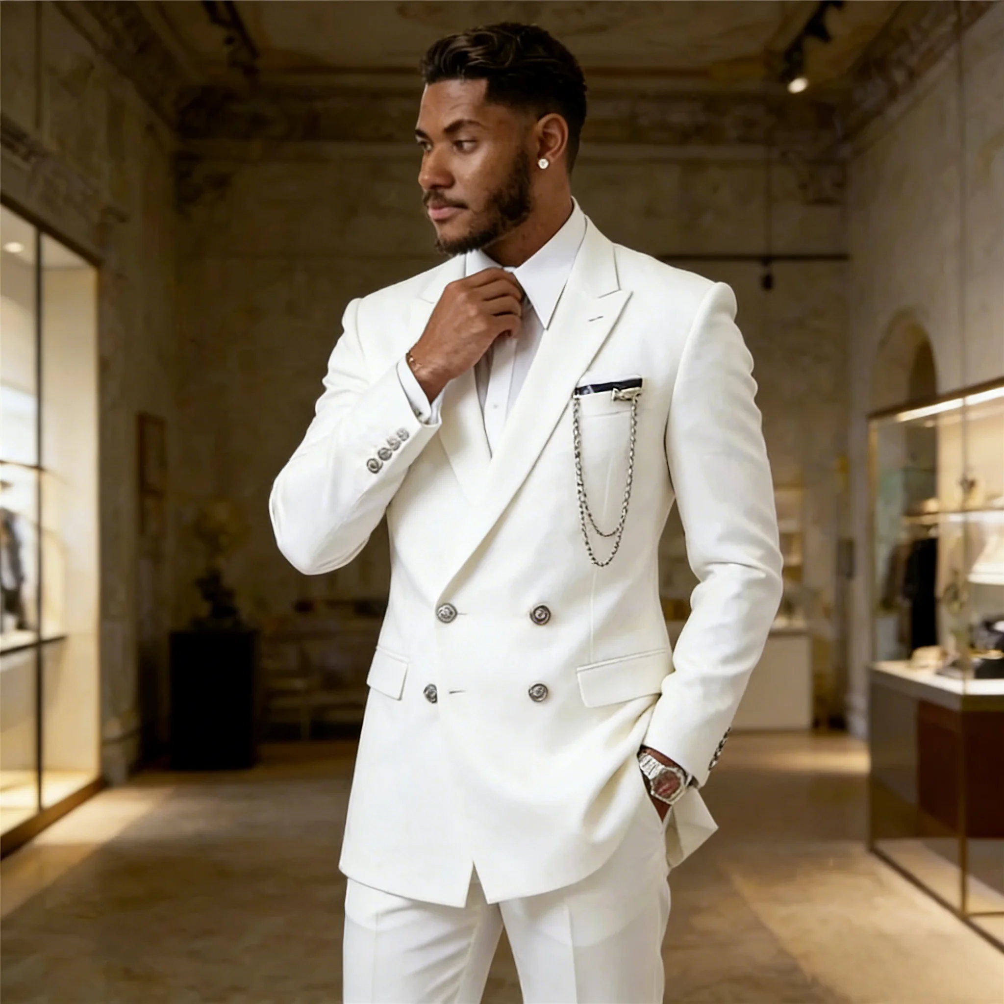 

Classic White Suit Men For Wedding Double Breasted Jacket Pants 2 Piece Sets Groom Formal Wear Business Party Tuxedos Customized