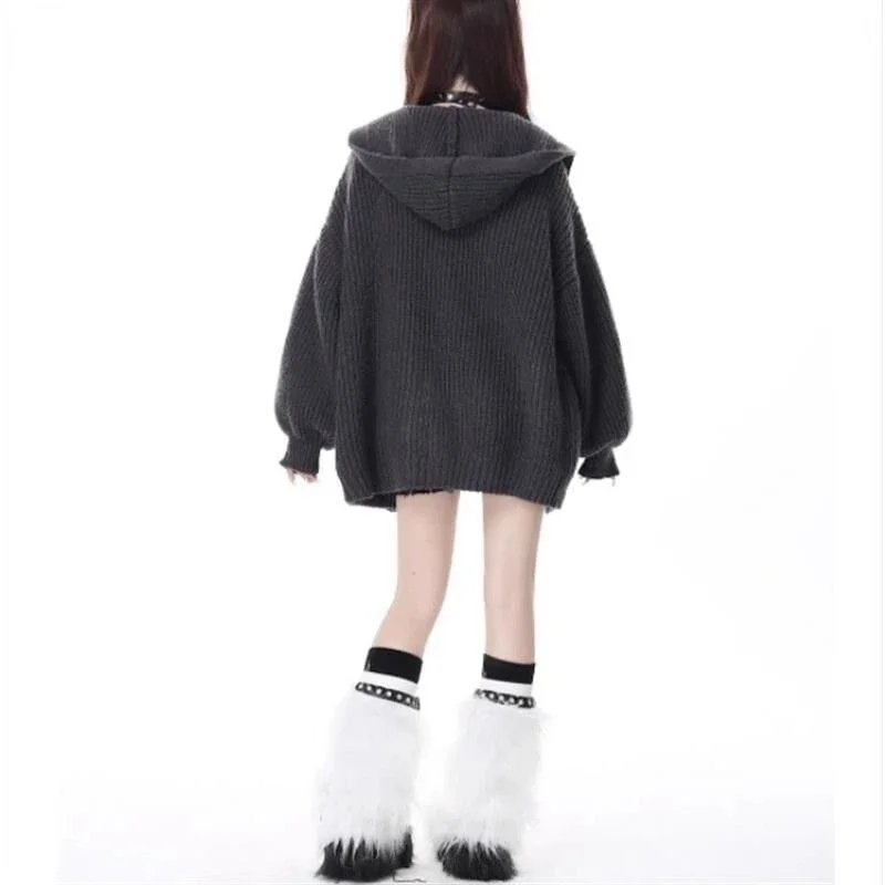 New College Style Cute Bone Button Knit Cardigan Hooded Sweater Women Autumn Winter Japanese Sweet Loose Jacket Y2k Clothes