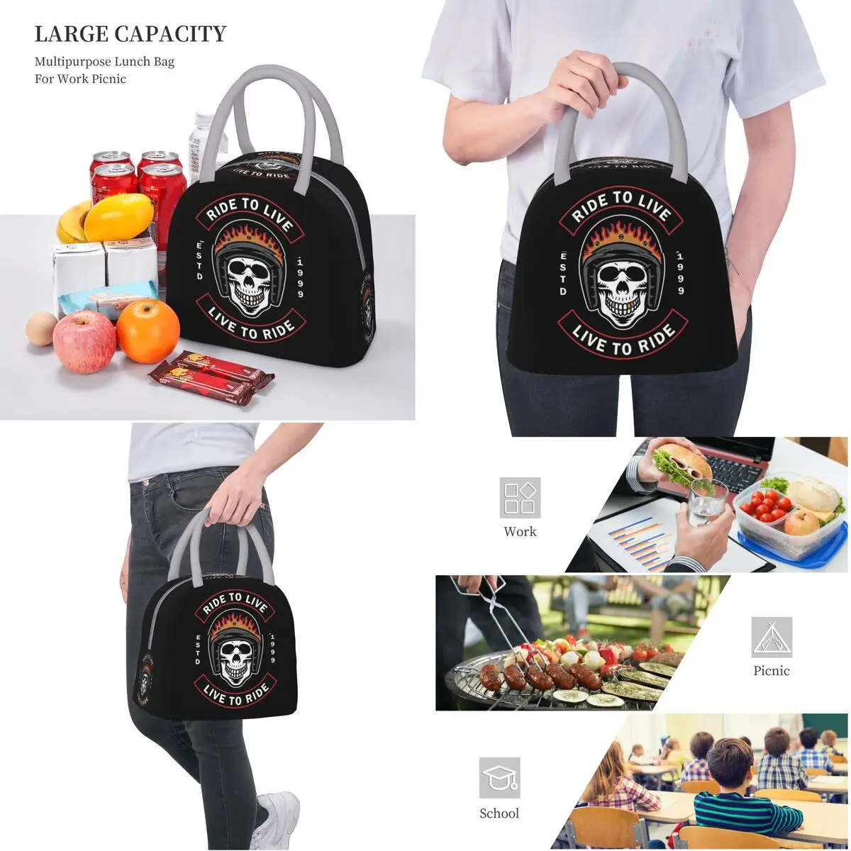 Boîte à lunch isotherme Biker Skull, sac fourre-tout pour le travail, sac de rangement des aliments, glacière thermique étanche, accessoires