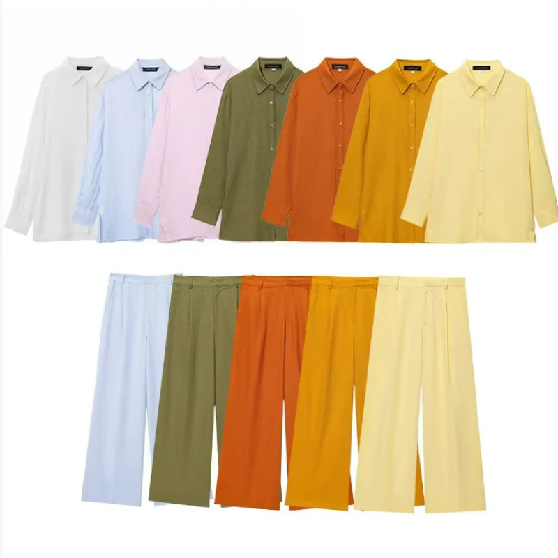

SuperAen 2026 Summer New Korean Style Women's Solid Color Simple Linen Loose Shirts Folds High Waist Pants Two Pieces Sets