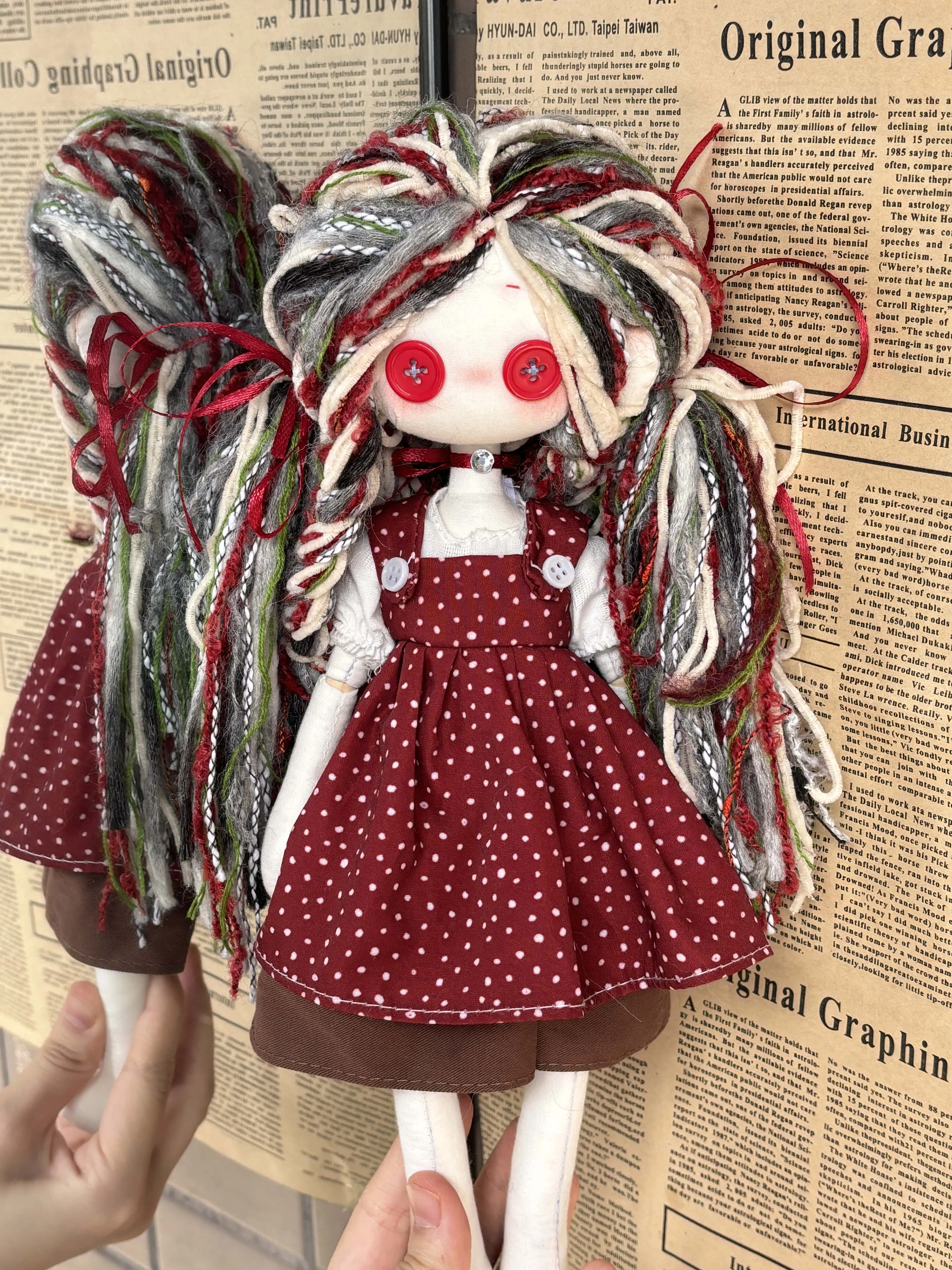 

Red Accessory Button Dolls - Handmade Snap Toy with Free Shoes & Hat Gift Set