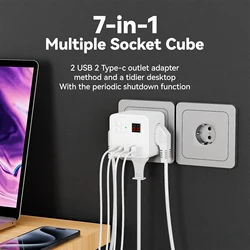 1 7-in-1 EU power strip, power strip surge protector, 3 AC sockets 3 USB 1 Type-C, timed off desktop charging station, suitable