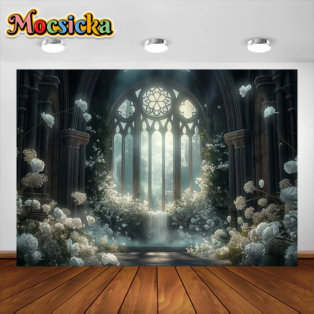 모시카 사진 배경 아치 창 꽃 배경 장식 용품, 성인 어린이 초상화 스튜디오 소품 배너