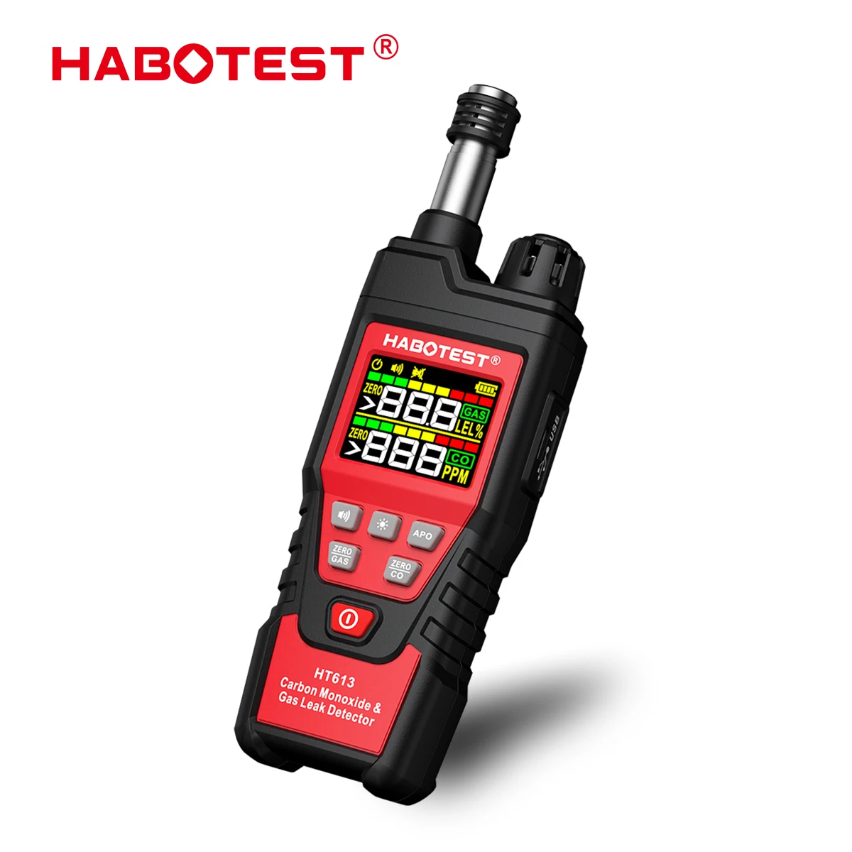 

HABOTEST HT613 Gas Leak Detector Portable CO Combustible Gas Analyzer Telescopic Probe Buzzer Alarm build rechargeable battery