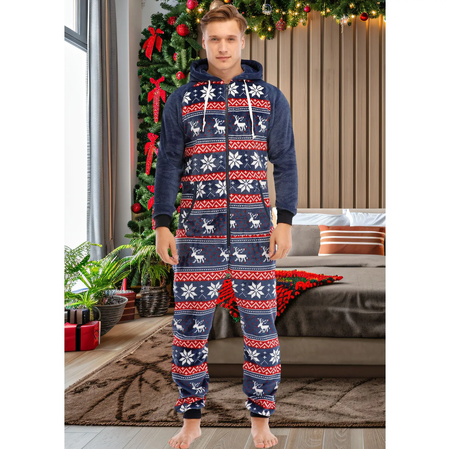 Deer Print Sleepwear Kigurumi Hooded Pajama Sets For Adult Men Pajamas Autumn Winter Warm Pyjamas Overall Suits