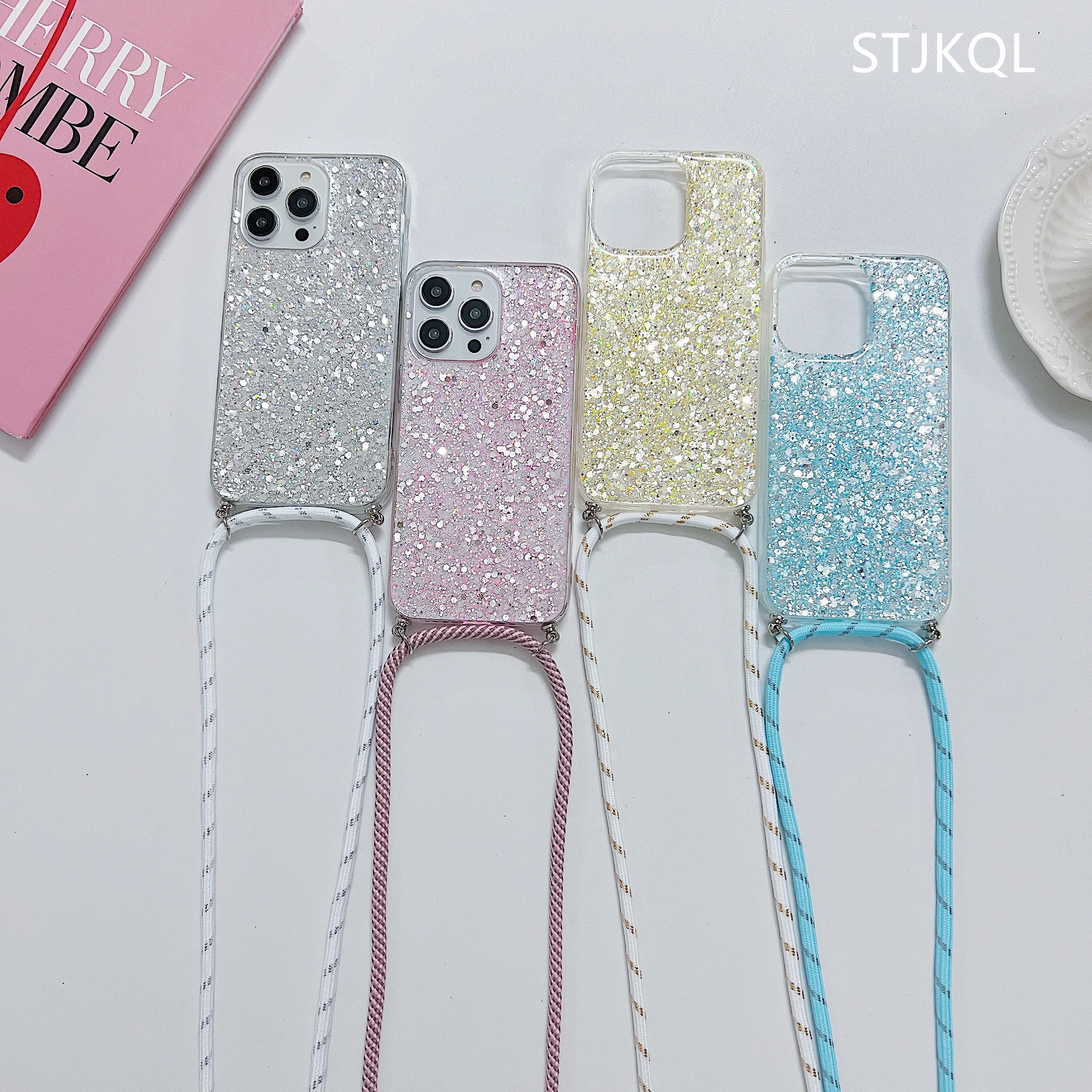 Transparent Glitter Band Cord Necklace Lanyard Soft Phone Case For Xiaomi Redmi Note 10 Pro 11 12 8 9 Redmi 9 9A 9T 9C 10C Cover