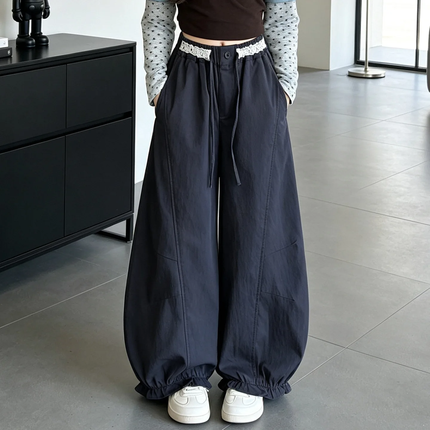 Girls Knitted Sport Curved Pants Kids Waist Elastic Bud Trousers Spring Autumn Child Fashion Color Block Knit Sweatpant