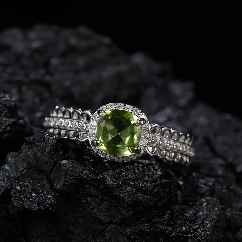 S925 Sterling Silver Natural Citrine Topaz Diopside Peridot Colored Treasure Ring Women's Full Diamond Round Open Ring