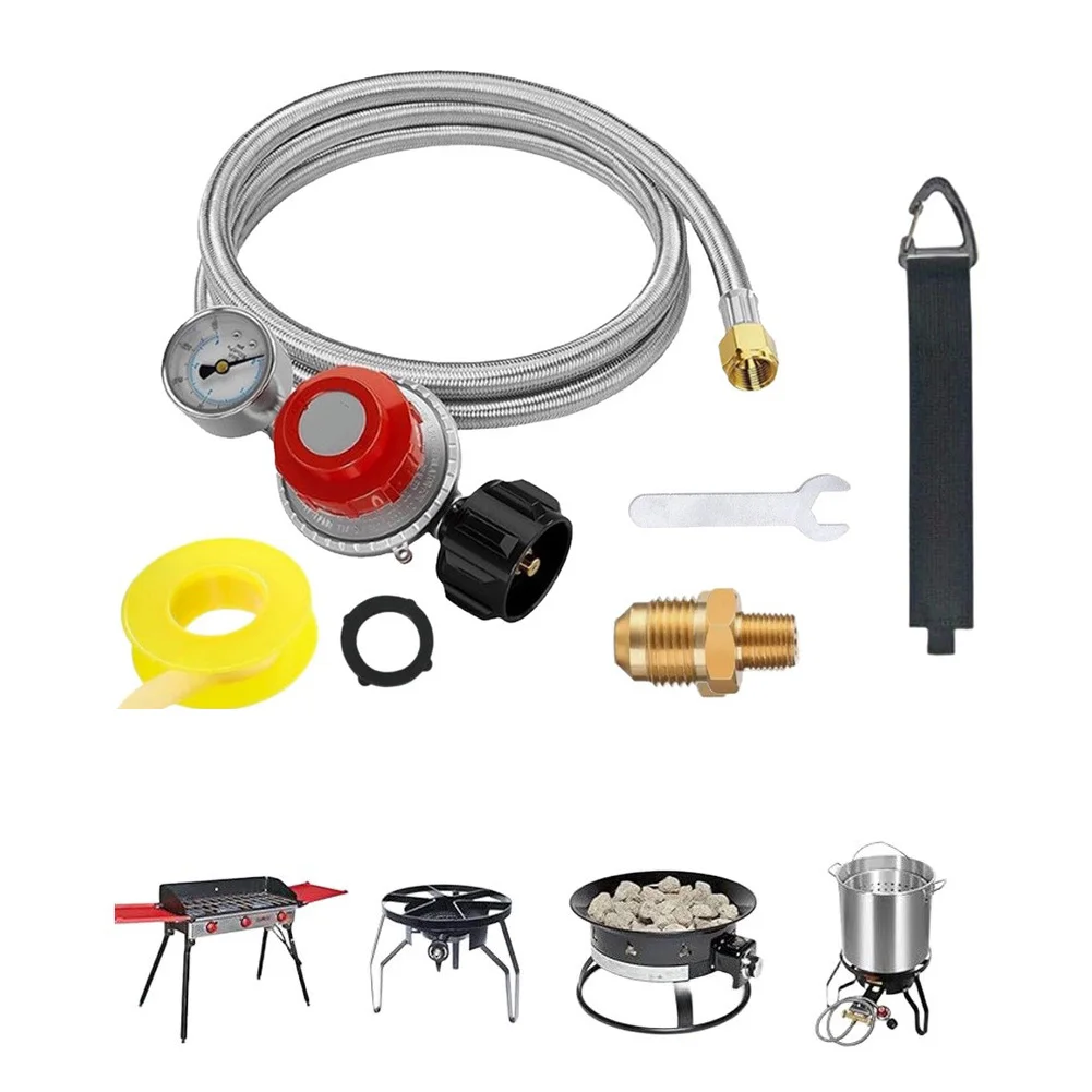 High Pressure Propane Regulator Hose 5 Feet with Precision Adjustment Range 0-30 PSI and Clear 0-60 PSI Glow Gauge Display