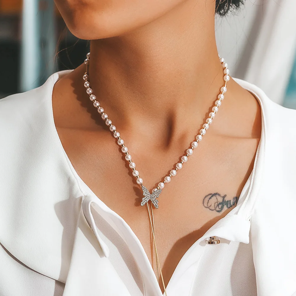 

Imitation Pearl Clavicle Necklace Women Personality Chain Bow knot Rhinestone Pendant Necklace Ins Fashion Sweet Korean Style