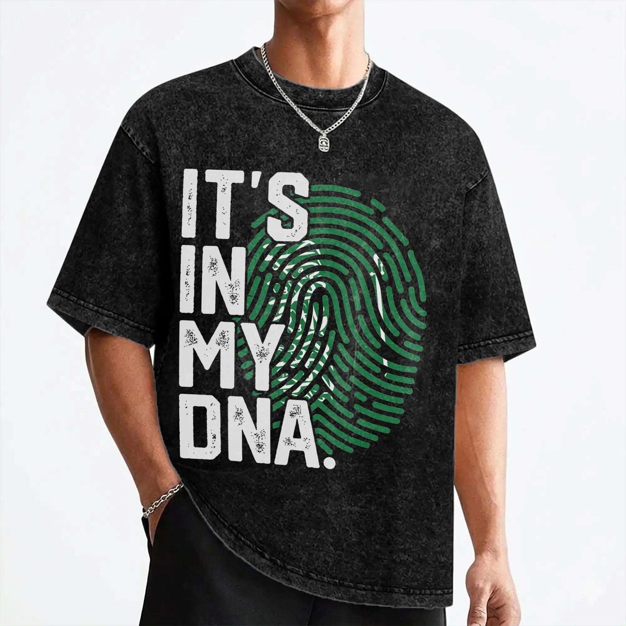 Saudi Arabia Roots Flag Fingerprint  T Shirt Washed Cotton High Street T-Shirt  Novelty for Men Women Streetwear Tees