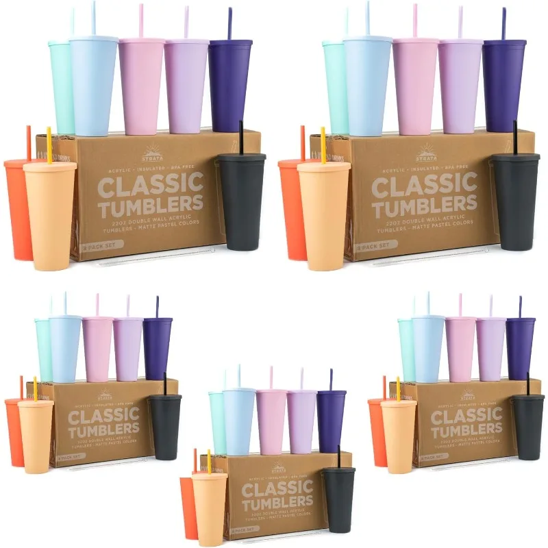 [40 PACK] Bulk 22oz Classic Multicolor Tumblers with Lids and Straws - Matte Pastel Colored Acrylic Tumblers with Lids