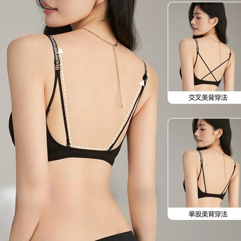 Front Hook Letter Strap Bra Women Push Up For Small Chest Traceless Wireless Criss Cross Back Bras