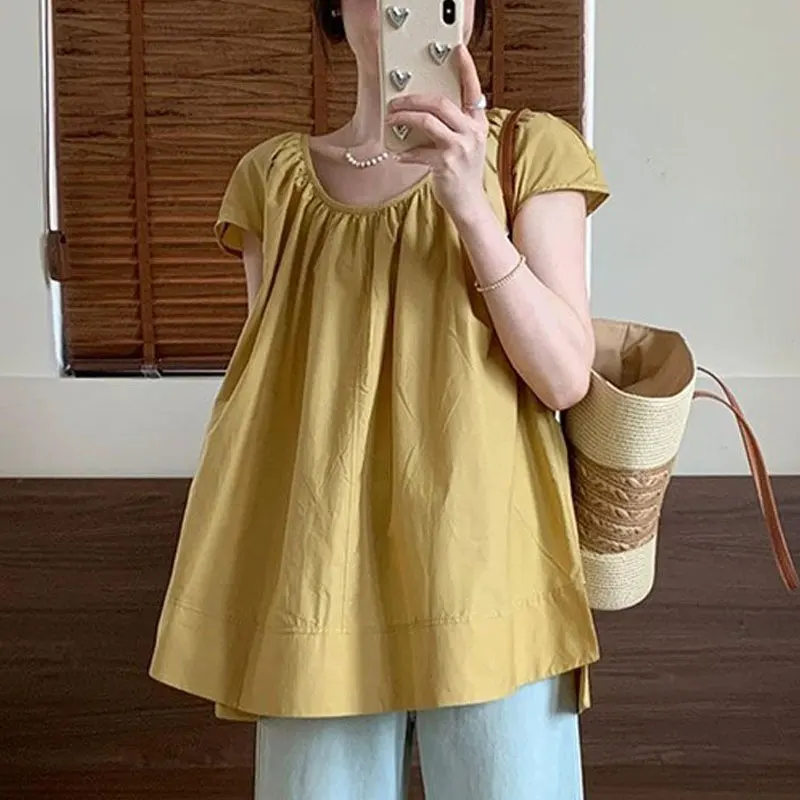 French Style Short Sleeve Shirts Female Clothing Casual Loose Round Neck Summer New Basic Solid Color Fashionable Folds Blouse