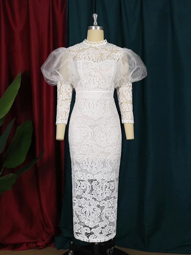 Gaun Midi untuk wanita, pakaian Bodycon renda motif bunga gembung lengan panjang leher tiruan elegan pesta ulang tahun pernikahan pengiring pengantin cantik musim panas