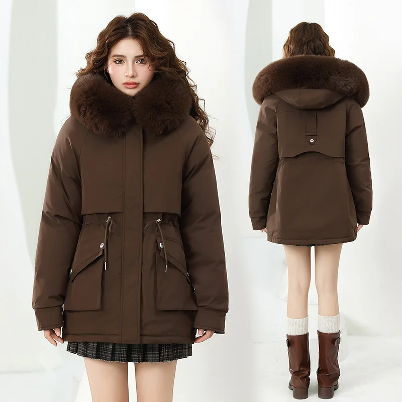Parkas Coats Women Solid Jackets Raccoon Fur Hooded Zipper Pocket Drawstring Long Sleeves Office Lady Casual 2025 Autumn Winter