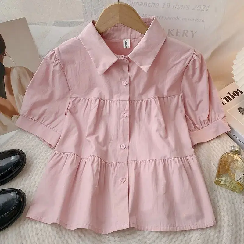 Summer Loose Sweet Short Sleeve Shirts & Blouses Puff Sleeve Elegant Office Lady Shirt Vintage Top Women Korean Popular Clothes