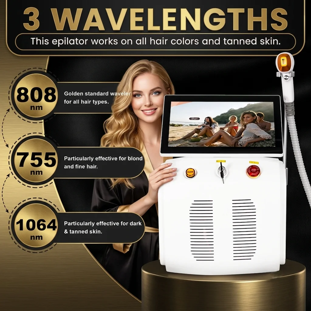 White Soprano Titanium 808nm 3 Wavelength Diode Laser Hair Removal Machine Painless Professional Salon Device All Skin Types