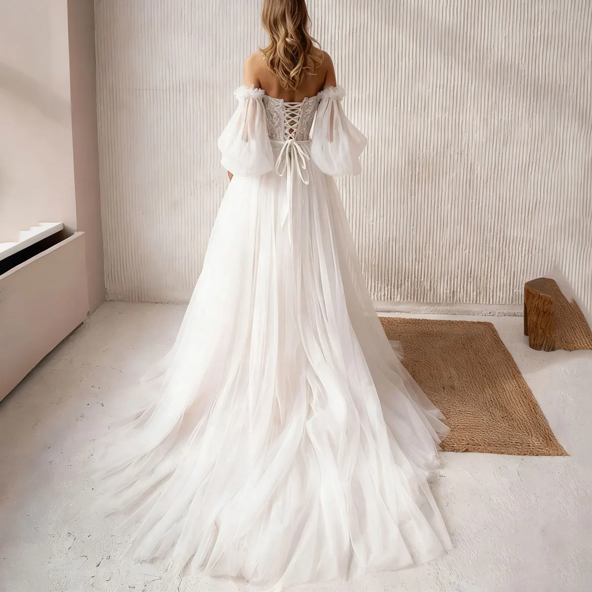 Abiti da sposa romantici in pizzo di tulle con perline Abito da ballo a maniche lunghe per la sposa Abito da sposa gonfio senza nero per le donne Abiti novia