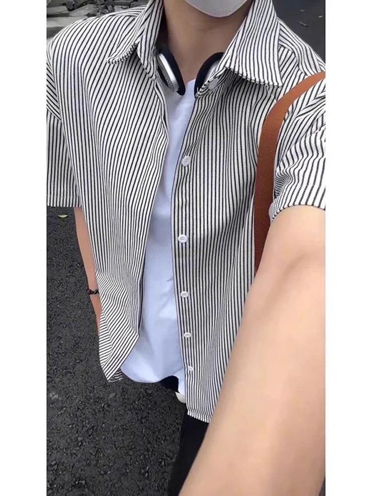 

Ретро японская полоска ort Sve irt Мужская повседневная одежда Haome Summer American Cleanfit Jaet Свободный крой Молодежный хлопок Faion
