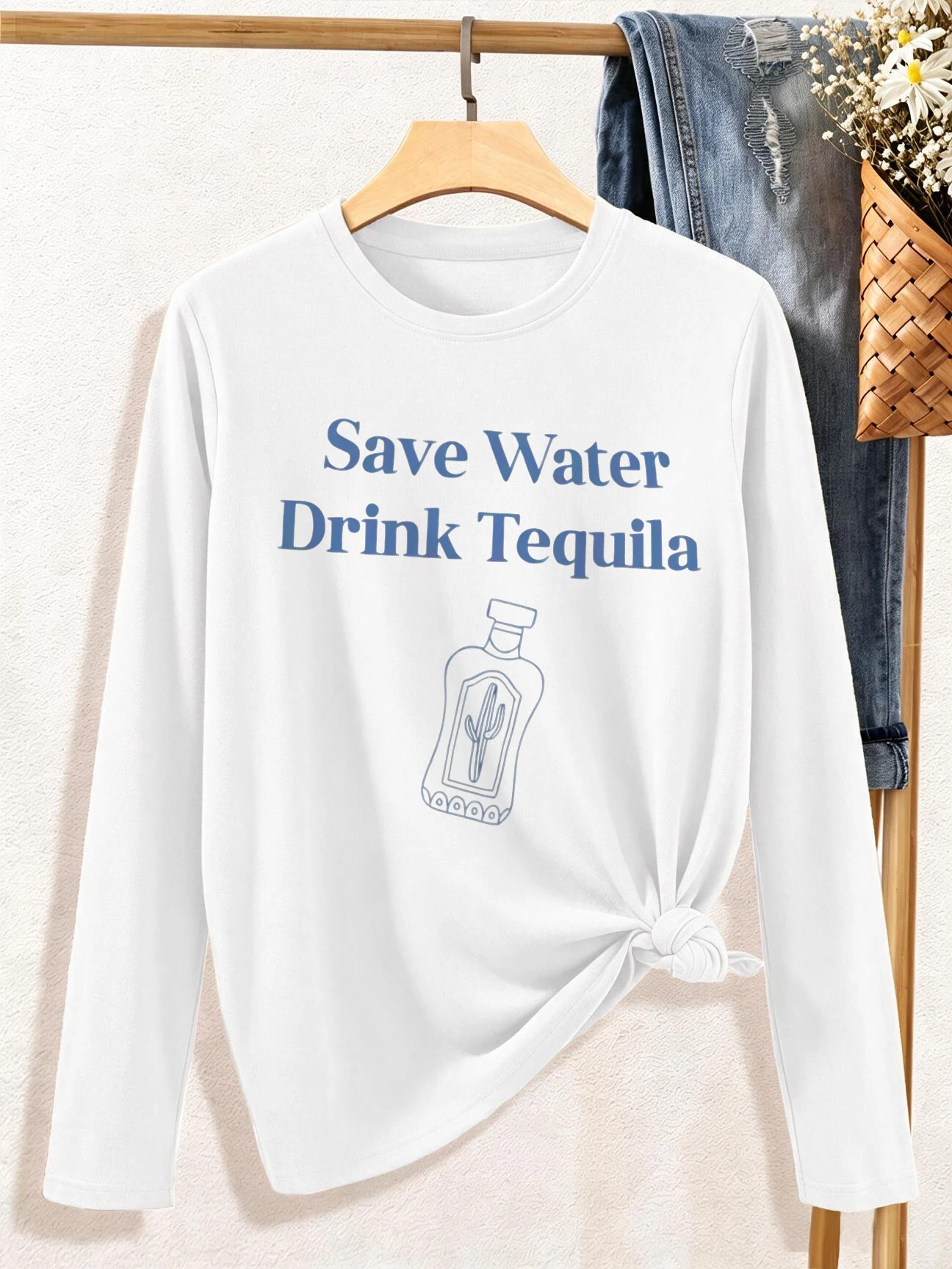 Save Water Drink Tequila Print Graphic Long Sleeve Crew Neck T Shirt Casual Vintage Tops Women's Clothing T-shirt Daily Outfit